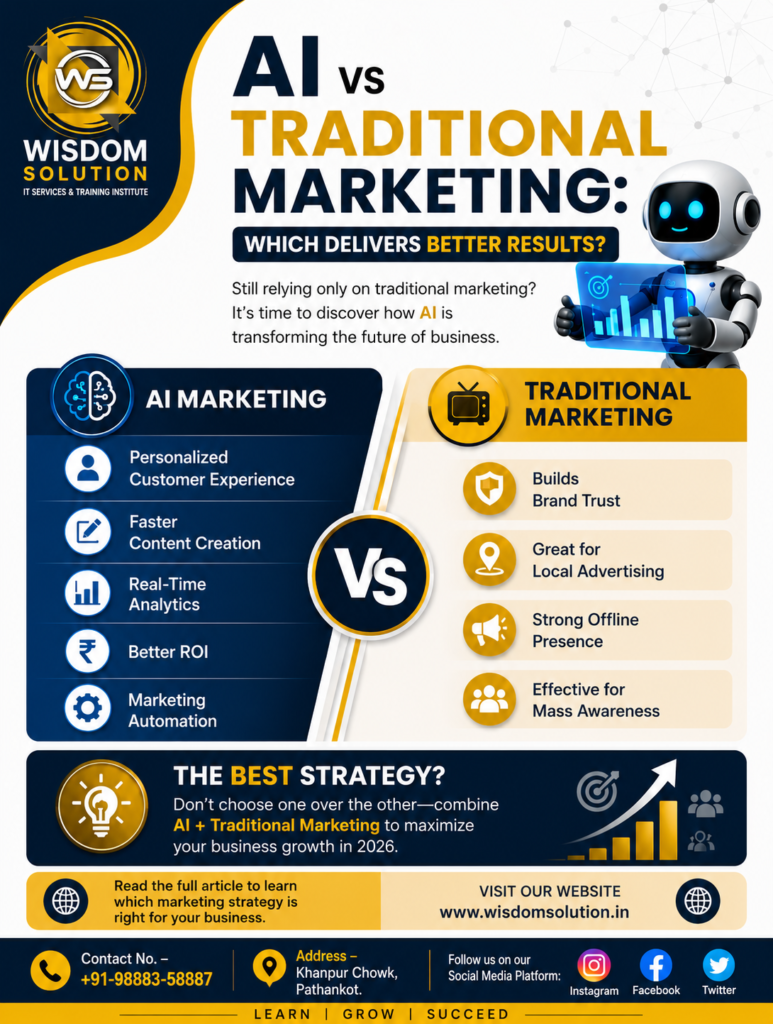 AI vs Traditional Marketing infographic by Wisdom Solution